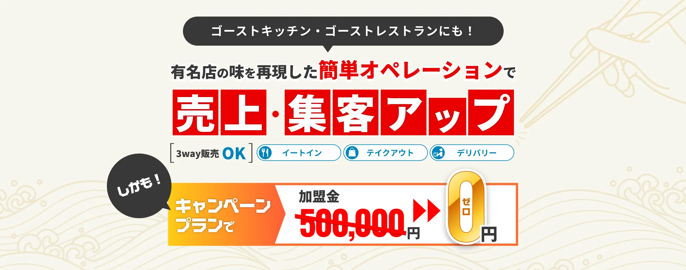 ゴーストキッチン、レストランにも！有名店の味を再現した簡単オペレーションで売上・集客アップ！イートイン、テイクアウト、デリバリーの3WAY販売OK。キャンペーンプランで初期費用500,000円が0円に！